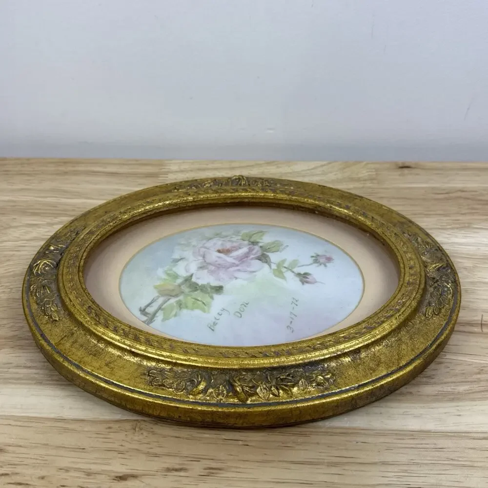 Vintage Gold Gilt Victorian Oval Frame with Painted Porcelain Rose Art 10”